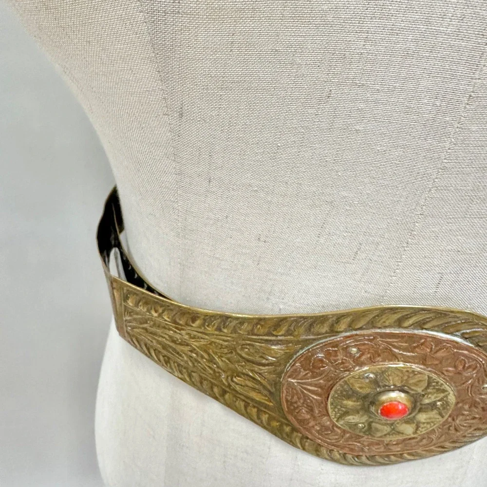 Vintage Brass & Copper Etched Metal Belt  Red Cabochon Centerpiece Made in India